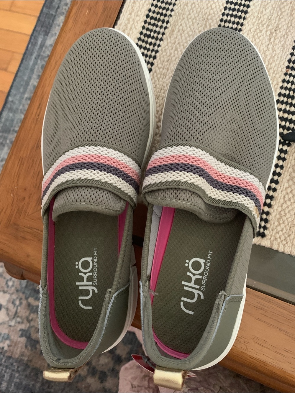 Ryka Olive Slip-On Walking Shoes with Pink Accent